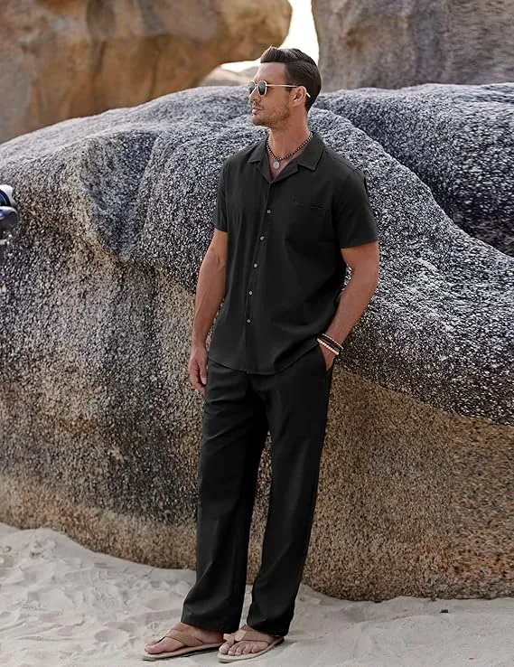coofandy men’s linen beach outfit | casual button down shirt & loose pants set for summer