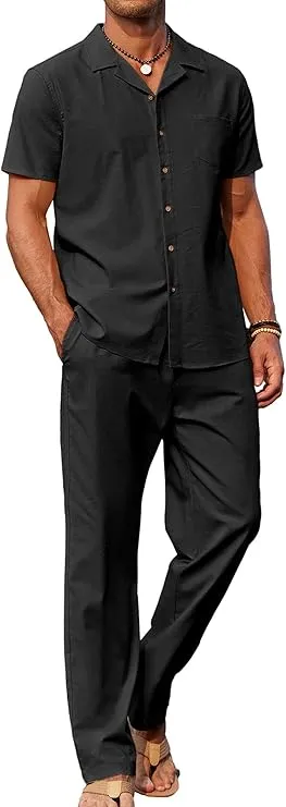 COOFANDY men’s linen beach outfit, casual button-down shirt and loose pants set, lightweight summer wear perfect for vacation, beach, and casual outings.