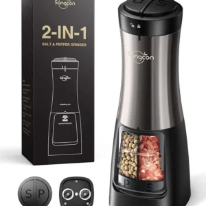 2-in-1 battery-operated electric salt and pepper grinder with adjustable grind and ergonomic one-handed design.
