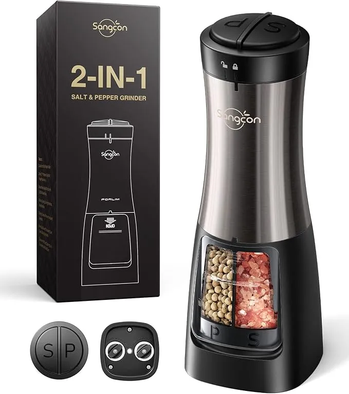 2-in-1 battery-operated electric salt and pepper grinder with adjustable grind and ergonomic one-handed design.