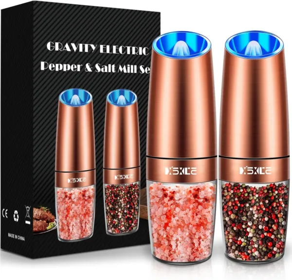 Electric gravity spice grinder set with stainless steel-copper finish and LED light.