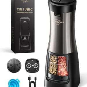 2-in-1 electric salt and pepper grinder with USB rechargeability, adjustable coarseness, ceramic grinder, and built-in light.