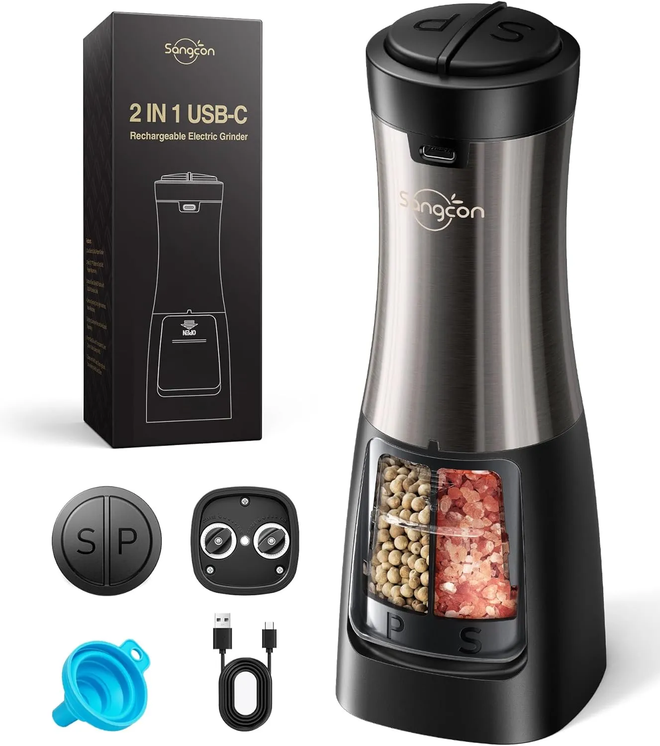 2-in-1 electric salt and pepper grinder with USB rechargeability, adjustable coarseness, ceramic grinder, and built-in light.