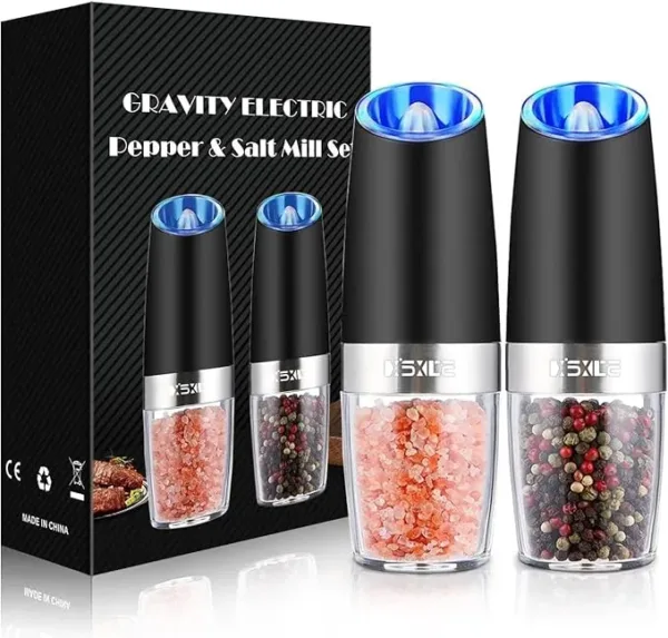 2-pack electric salt and pepper grinders in black stainless steel with gravity operation, adjustable coarseness,