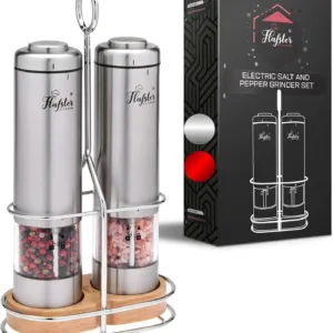 Battery-powered salt and pepper grinder set with button activation and adjustable grind.