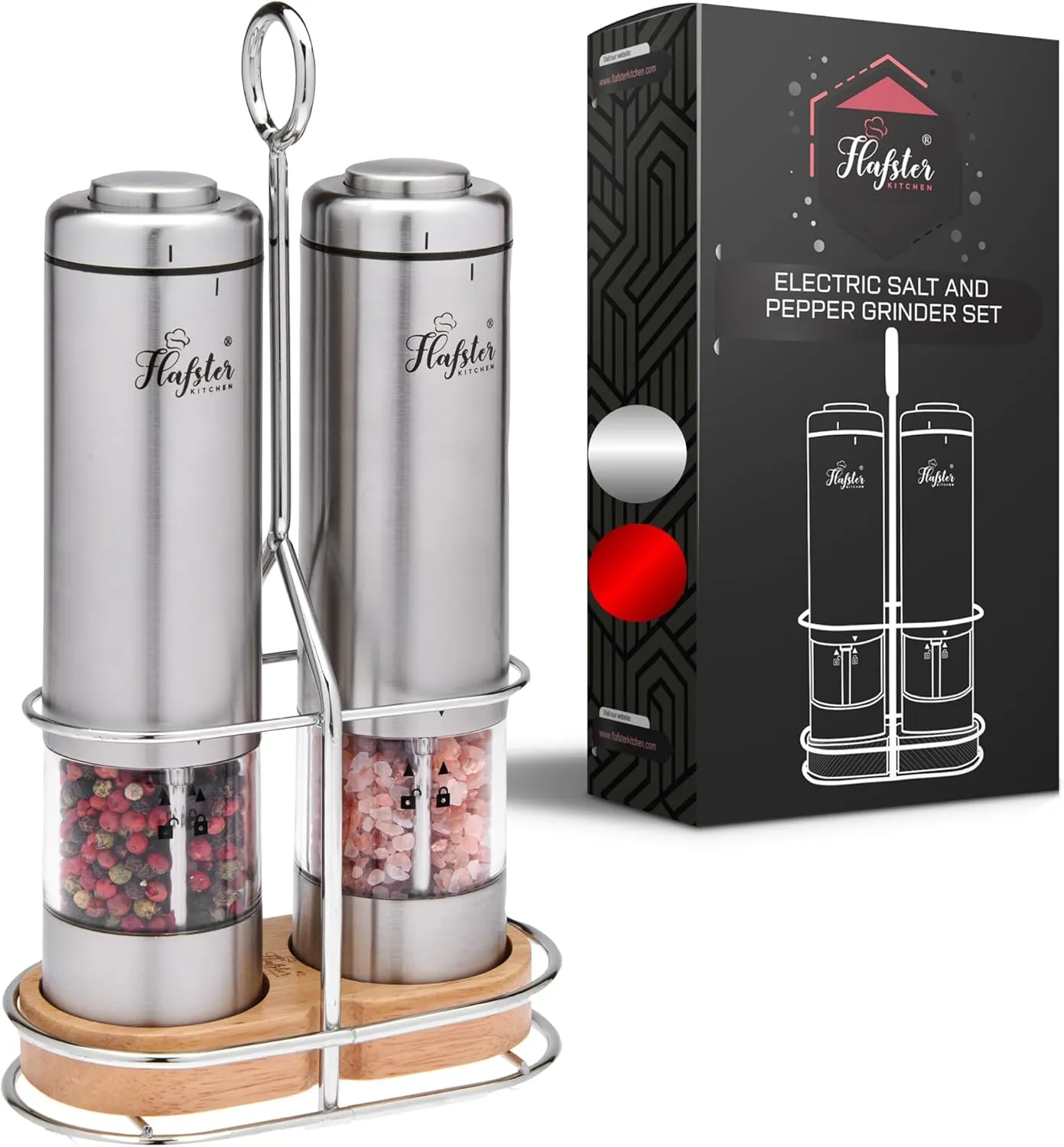 Battery-powered salt and pepper grinder set with button activation and adjustable grind.