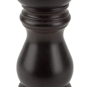 Chocolate-finish beechwood pepper mill with adjustable hand-operated grinding mechanism.