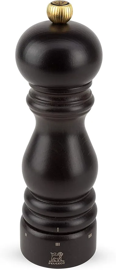 Chocolate-finish beechwood pepper mill with adjustable hand-operated grinding mechanism.
