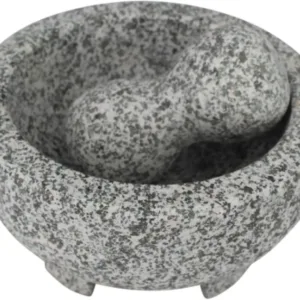 Gray granite mortar and pestle set in traditional 6-inch Mexican style.