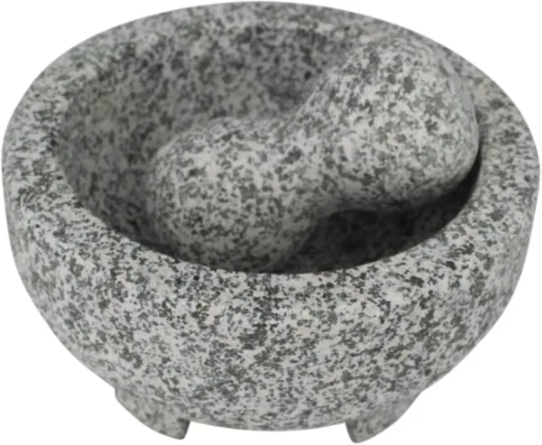 Gray granite mortar and pestle set in traditional 6-inch Mexican style.