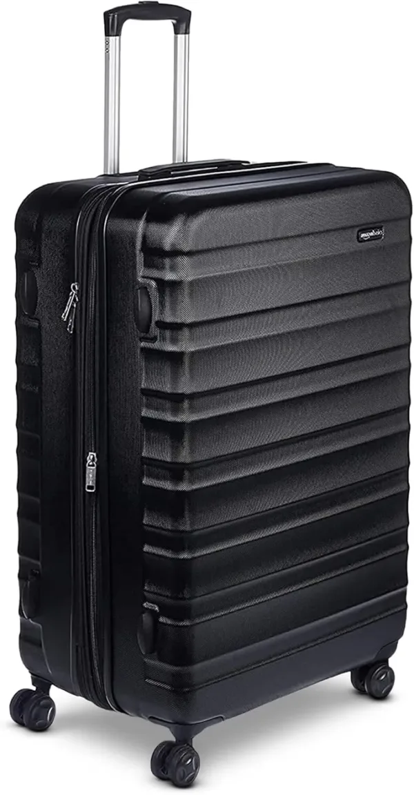 Hardside Spinner Luggage – durable ABS suitcase with 360° wheels, lightweight design, secure zipper, and black finish for travel convenience and protection.