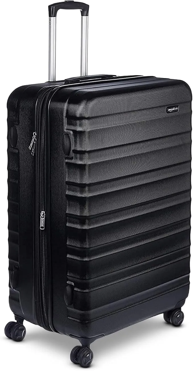 Hardside Spinner Luggage – durable ABS suitcase with 360° wheels, lightweight design, secure zipper, and black finish for travel convenience and protection.