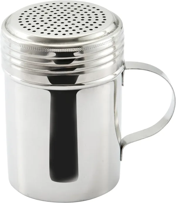 10oz heavy-duty stainless steel spice dredge with handle for kitchen use.