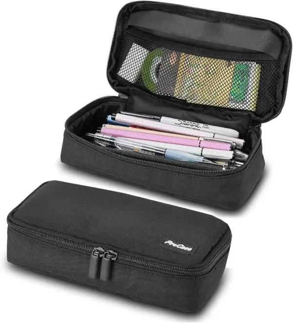 Large Capacity Pencil Bag for Students – Black school stationery organizer with multiple compartments, durable zipper, and portable design for daily use.
