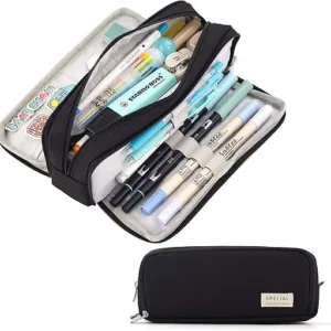 Large Capacity Pencil Case – 3 compartment pencil bag for students with durable zipper, organized storage for pens, pencils, school supplies & stationery.