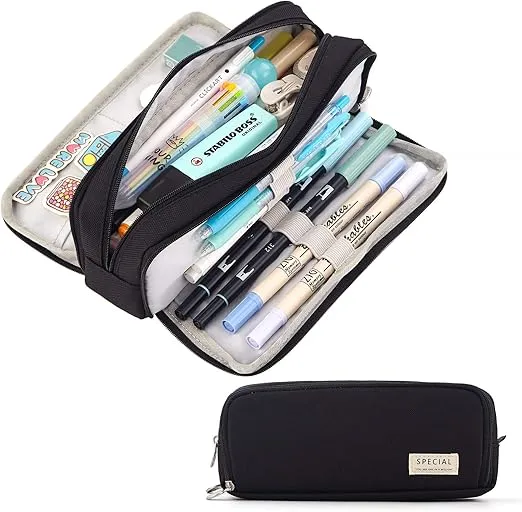 Large Capacity Pencil Case – 3 compartment pencil bag for students with durable zipper, organized storage for pens, pencils, school supplies & stationery.