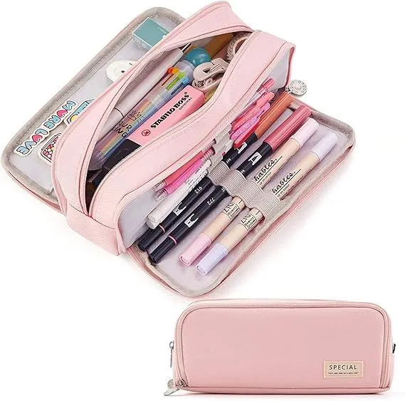 Pink Pencil Case with 3 compartments – large capacity school pouch with durable zipper, organized storage for pens, pencils, markers, and stationery items.