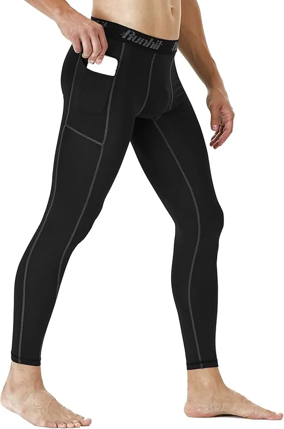 men's compression leggings 2 pack with pockets | athletic running workout tights