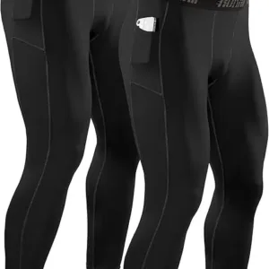 Men's compression leggings 2-pack with pockets, breathable athletic running tights for gym, workout, training, and fitness performance support.