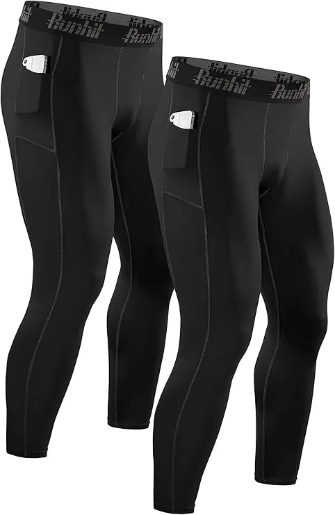 Men's compression leggings 2-pack with pockets, breathable athletic running tights for gym, workout, training, and fitness performance support.