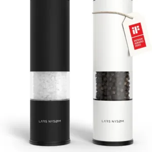 Black and white manual spice grinder set with adjustable ceramic mechanism.