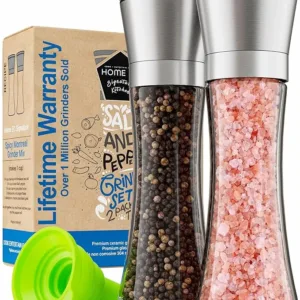 Set of two modern stainless steel salt and pepper grinders with refillable design.