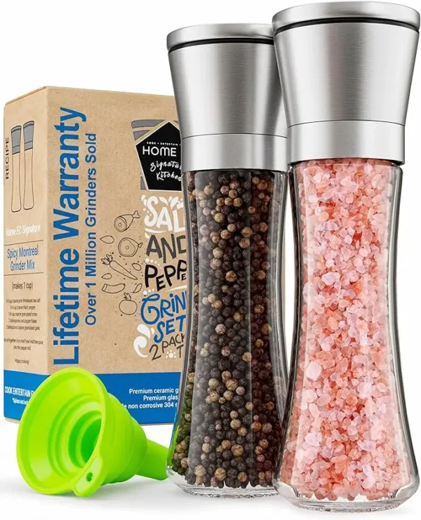 Set of two modern stainless steel salt and pepper grinders with refillable design.