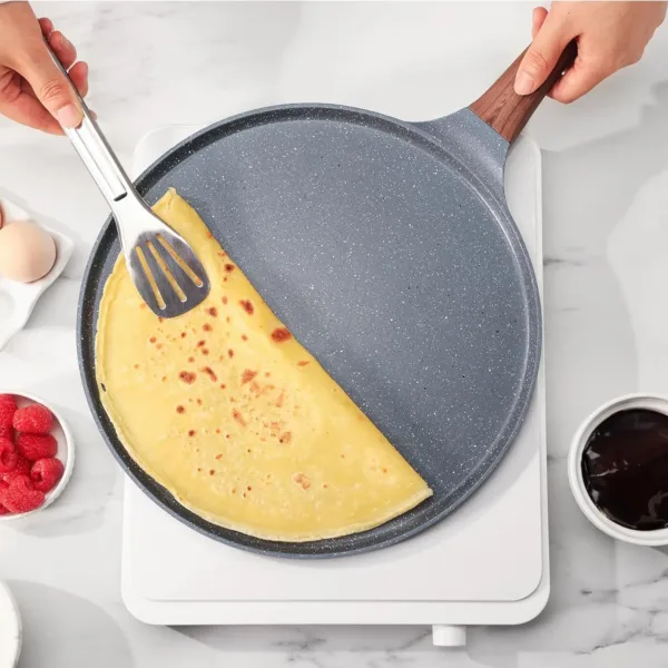 nonstick granite coated crepe and dosa pan, 26cm flat skillet griddle with spreader, induction compatible, grey