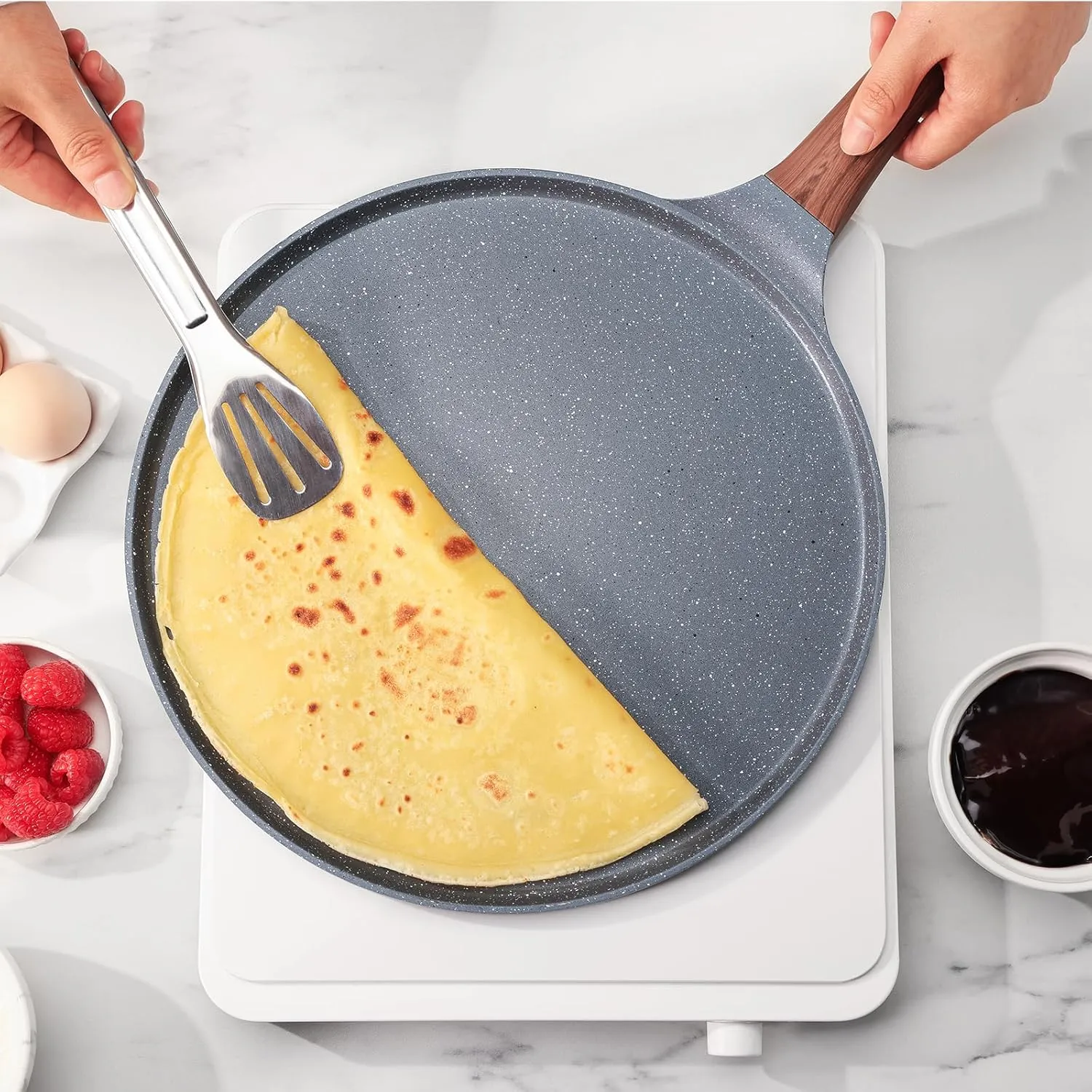 nonstick granite coated crepe and dosa pan, 26cm flat skillet griddle with spreader, induction compatible, grey