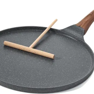 Nonstick granite coated 26cm crepe and dosa pan with spreader, flat skillet griddle, grey.
