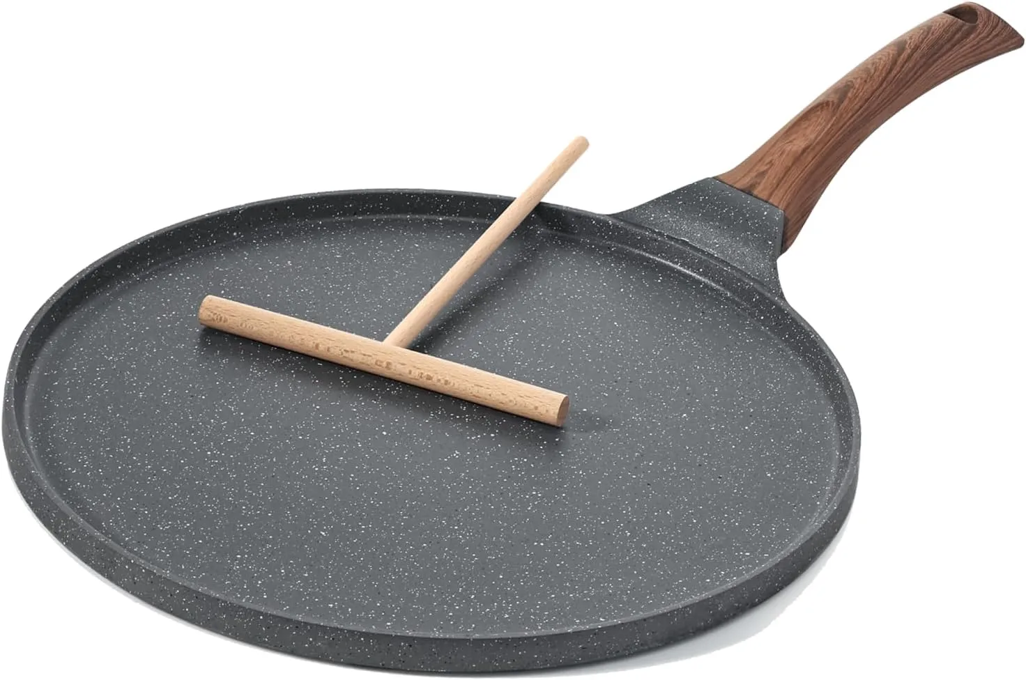 Nonstick granite coated 26cm crepe and dosa pan with spreader, flat skillet griddle, grey.