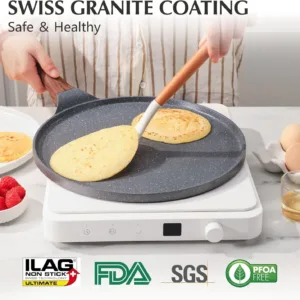 nonstick granite coated crepe and dosa pan, 26cm flat skillet griddle with spreader, induction compatible, grey