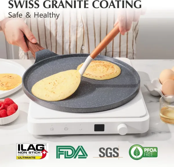 nonstick granite coated crepe and dosa pan, 26cm flat skillet griddle with spreader, induction compatible, grey