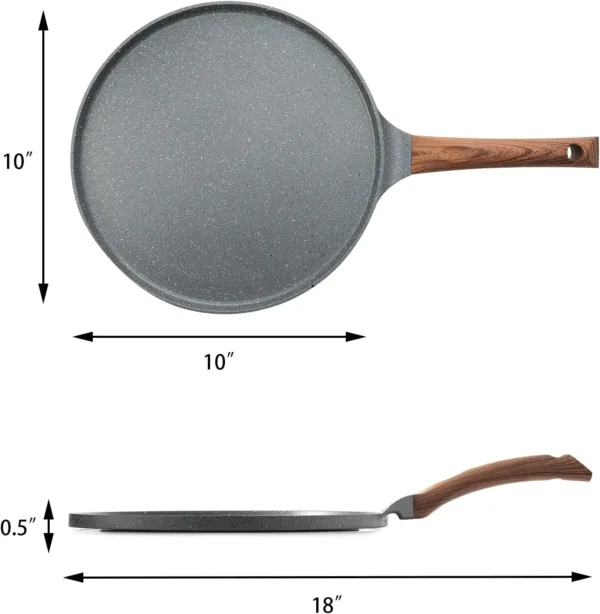 nonstick granite coated crepe and dosa pan, 26cm flat skillet griddle with spreader, induction compatible, grey