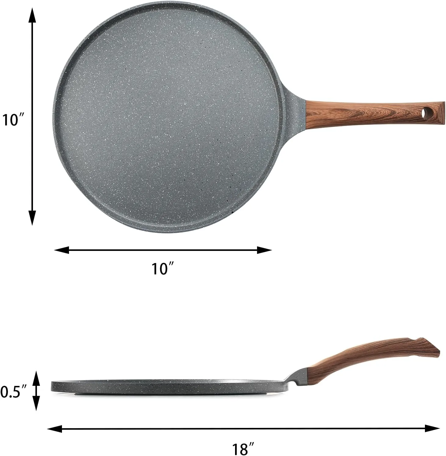nonstick granite coated crepe and dosa pan, 26cm flat skillet griddle with spreader, induction compatible, grey