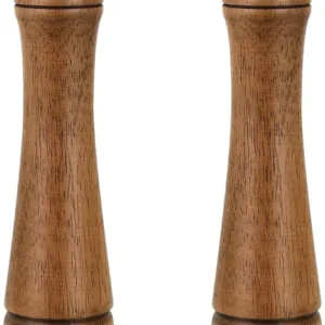 Set of two 10-inch oak finish salt and pepper grinders with adjustable ceramic mechanism.
