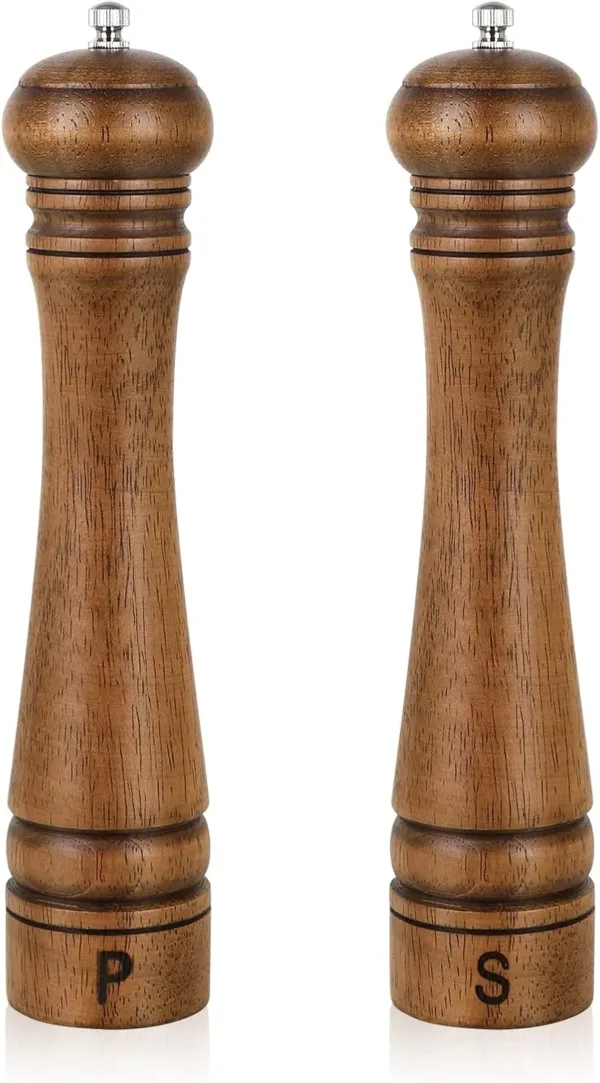 Set of two 10-inch oak finish salt and pepper grinders with adjustable ceramic mechanism.