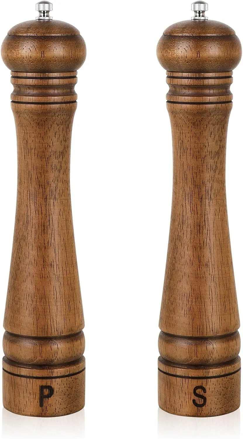 Set of two 10-inch oak finish salt and pepper grinders with adjustable ceramic mechanism.