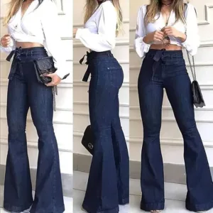 pantete women’s high waisted bell bottom jeans | high rise flare denim pants with wide leg & belt