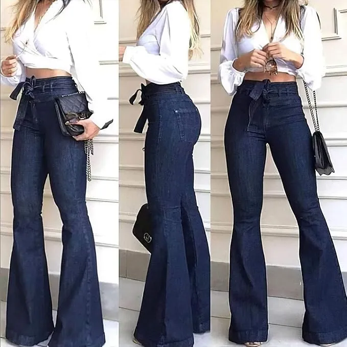 pantete women’s high waisted bell bottom jeans | high rise flare denim pants with wide leg & belt