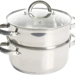 Premium stainless steel cookware set, multi-piece pots and pans collection in silver.
