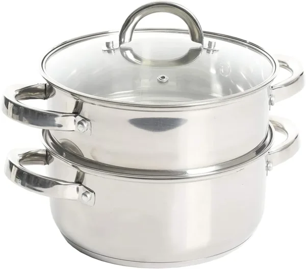 Premium stainless steel cookware set, multi-piece pots and pans collection in silver.