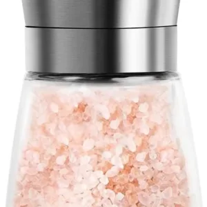 Hand-operated ceramic spice grinder with stainless steel cap and refillable glass body.