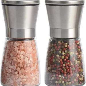 2-pack refillable glass salt and pepper grinders with stainless steel tops, adjustable coarseness, and ceramic blades.