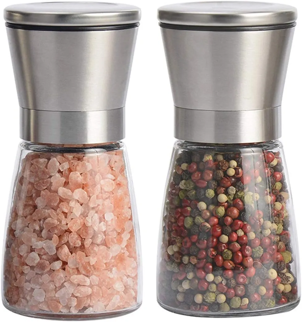 2-pack refillable glass salt and pepper grinders with stainless steel tops, adjustable coarseness, and ceramic blades.