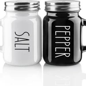 4oz glass salt and pepper shaker set with black and white design and stainless steel lids.