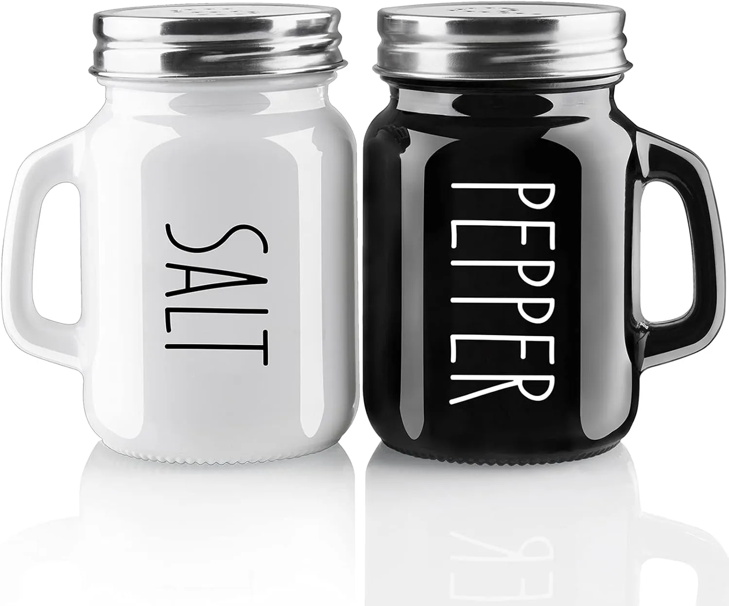 4oz glass salt and pepper shaker set with black and white design and stainless steel lids.