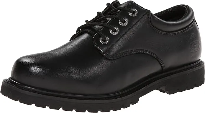 Skechers Cottonwood Elks Black Leather Work Shoes – men’s slip-resistant and cushioned footwear for professional use in UAE workplaces.