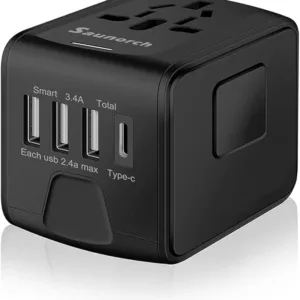 Universal Travel Power Adapter with USB-C & USB-A fast charging ports – compact worldwide charger for laptops, phones, and tablets with safety protection.