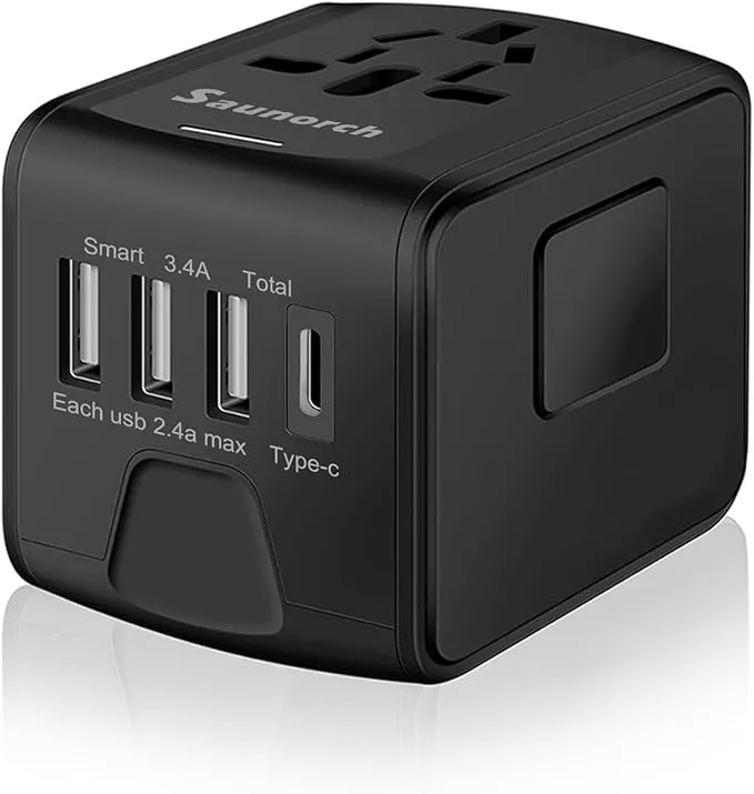 Universal Travel Power Adapter with USB-C & USB-A fast charging ports – compact worldwide charger for laptops, phones, and tablets with safety protection.